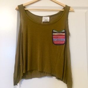 Olive Crop Tank w/ Hand Embroidered Front Pocket